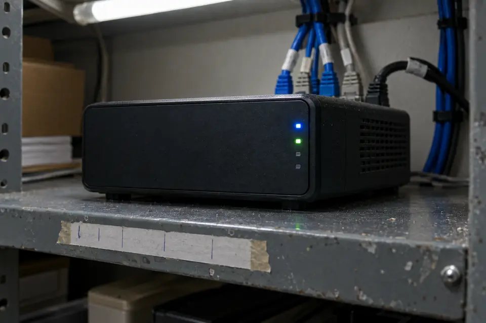 Backup appliance with glowing status lights on a shelf in an office closet