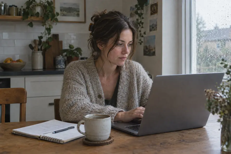 Woman working on a laptop at her kitchen table with a cup of tea