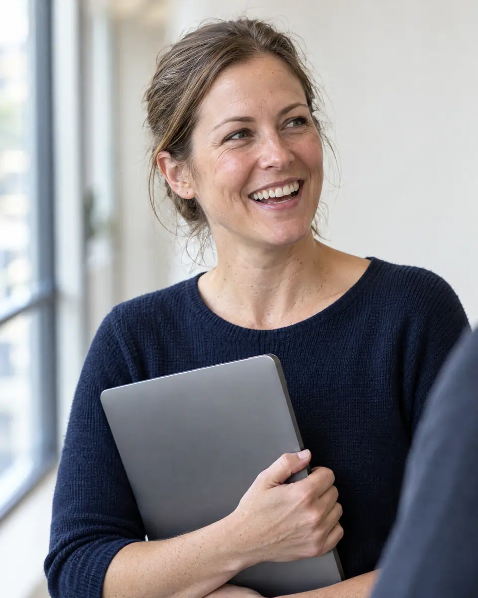IT consultant holding a laptop and smiling in a bright office hallway