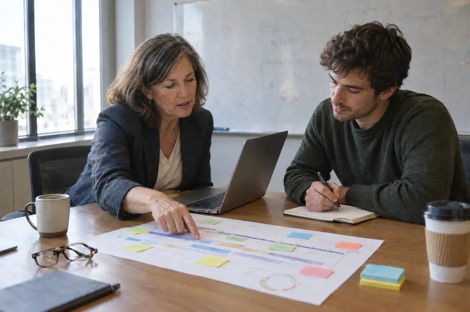 Two colleagues reviewing a printed technology roadmap with sticky notes