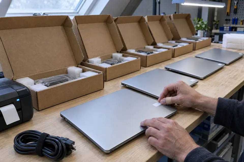Row of new laptops on a workbench with a hand applying an asset tag