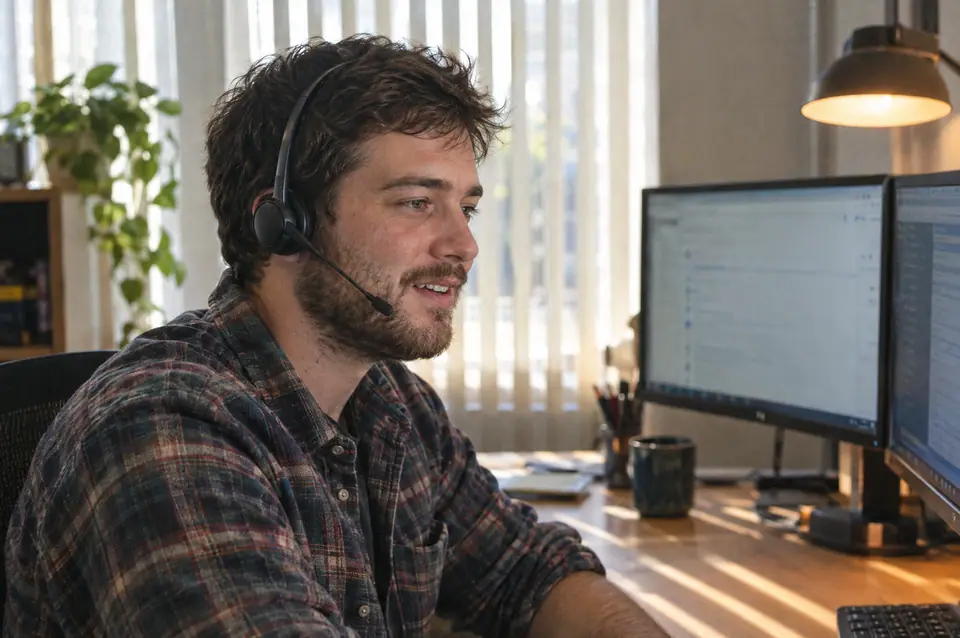 Help desk technician wearing a headset, smiling during a support call