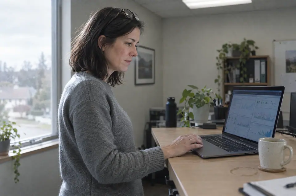 IT administrator reviewing a monitoring dashboard on a laptop at a standing desk