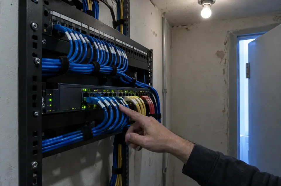 Technician tracing a blue patch cable in a neatly organized network rack