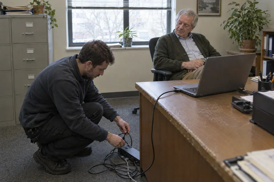 On-site technician connecting a docking station at an office worker's desk