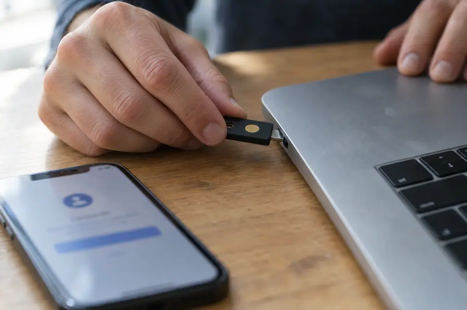 Hands inserting a hardware security key into a laptop next to a phone sign-in prompt