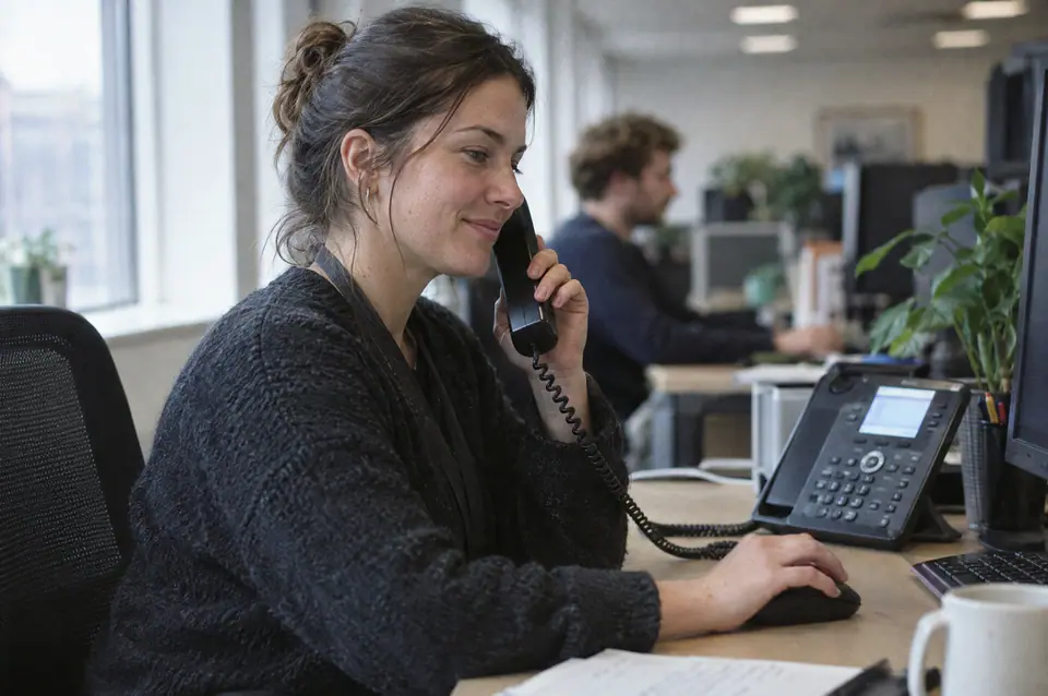 Woman picking up the handset of a desk IP phone in an open office
